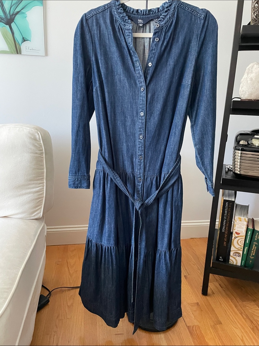 Boden Indigo Denim Midi Dress with Waist Tie